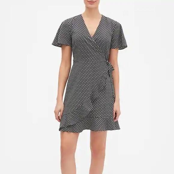 Banana Republic Black Ruffle Hem Print Wrap Dress - Picture 2 of 16